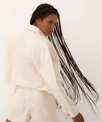 Jaqueta Cropped De Sarja Com Crochê Ateliê Mão De Mãe Off White