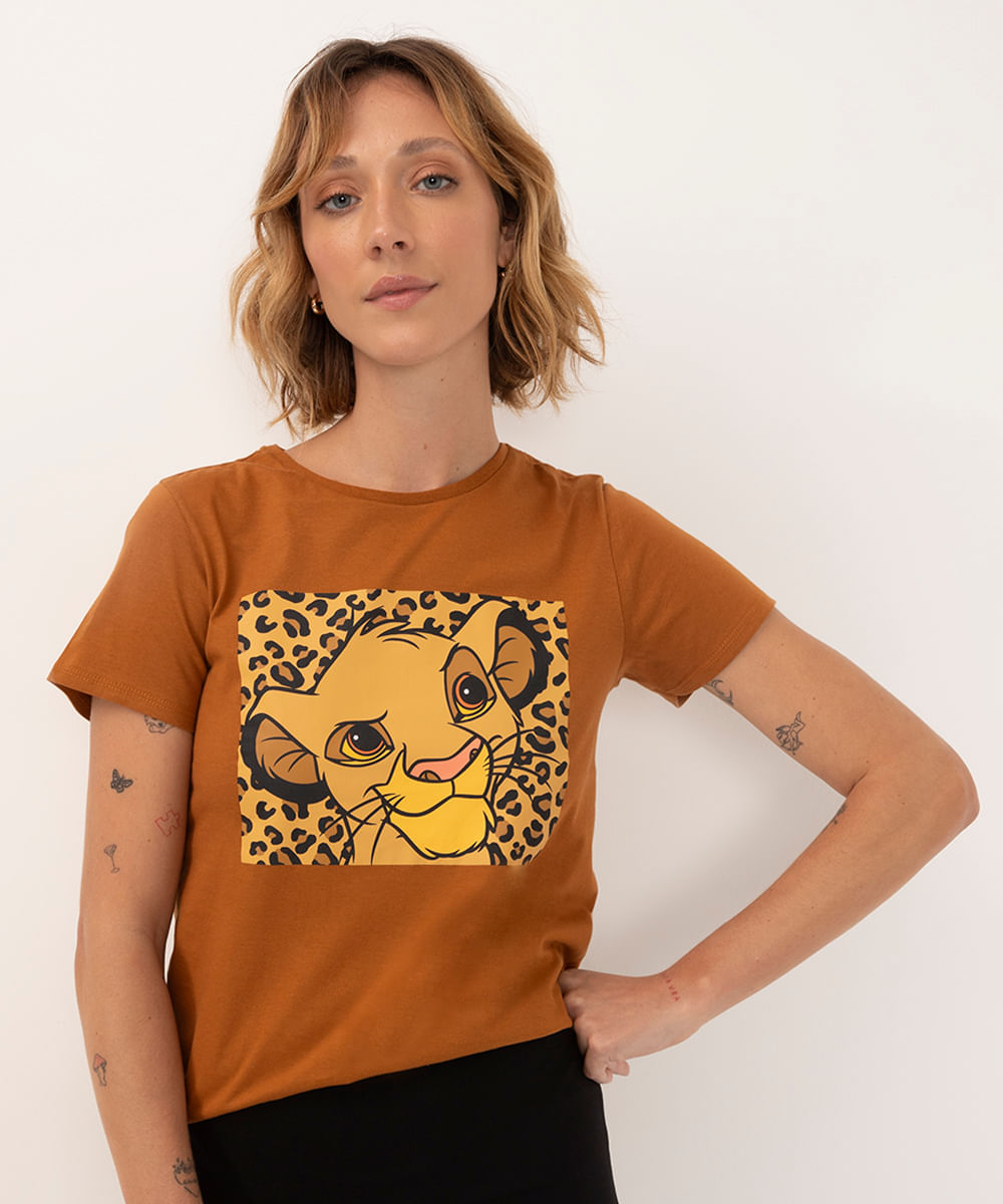 camiseta de algodão simba rei leão manga curta marrom médio