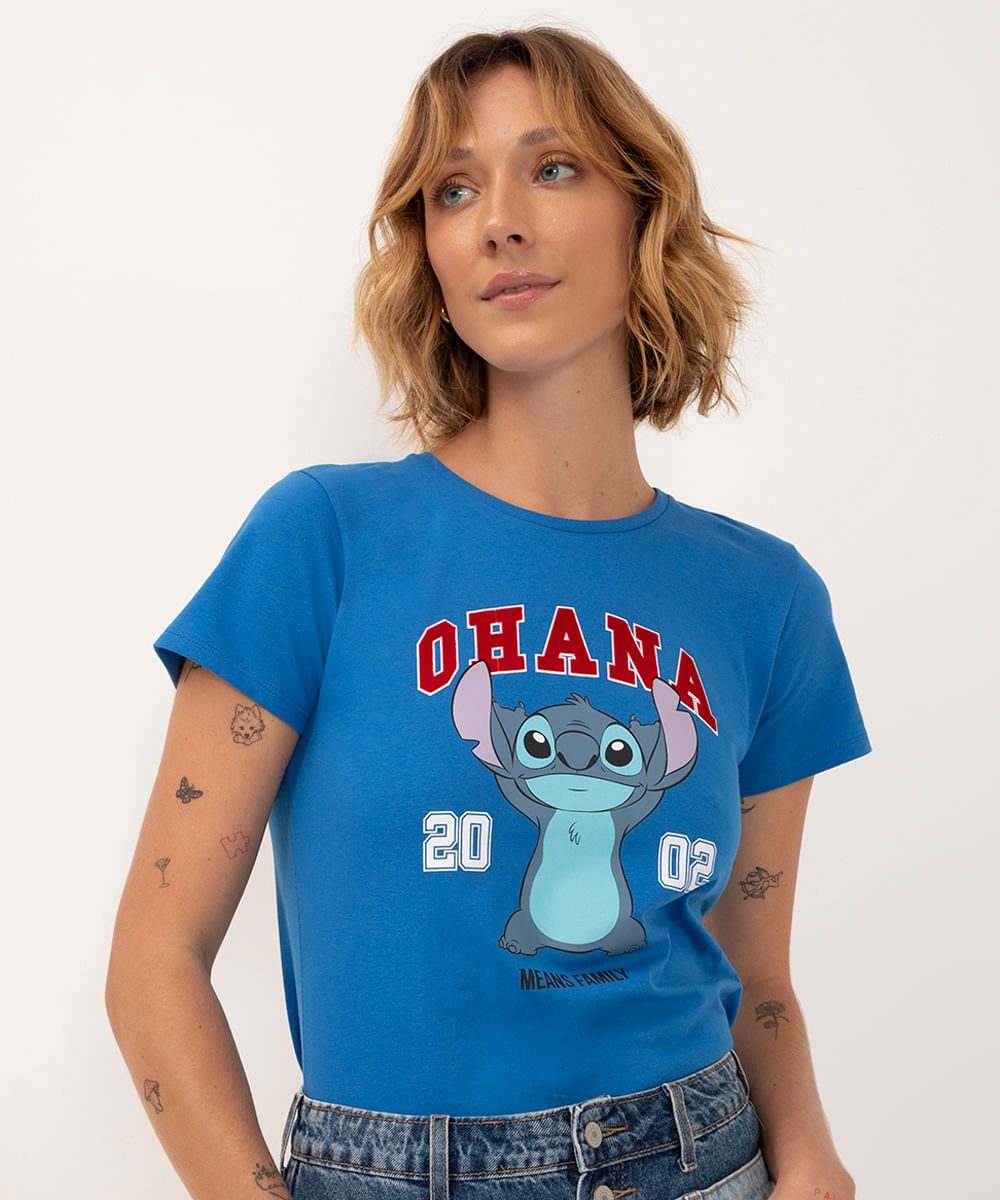 camiseta de algodão stitch manga curta azul