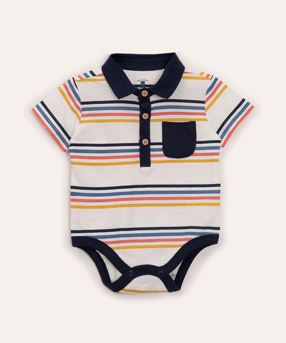 body infantil polo listrado manga curta com bolso off white