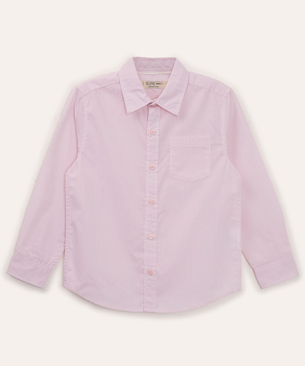 camisa de algodão listrada com bolso manga longa rosa