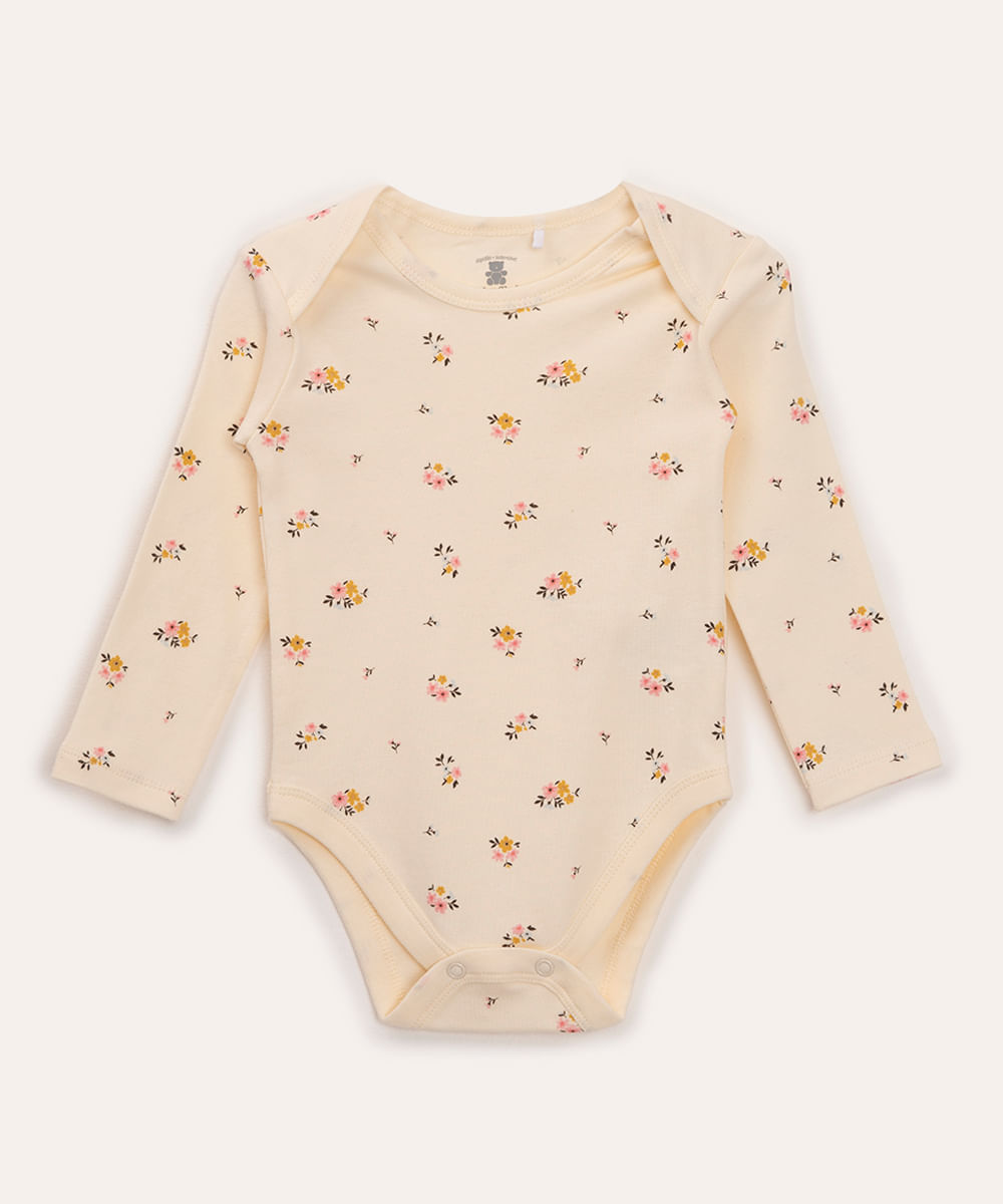 body infantil floral manga longa amarelo