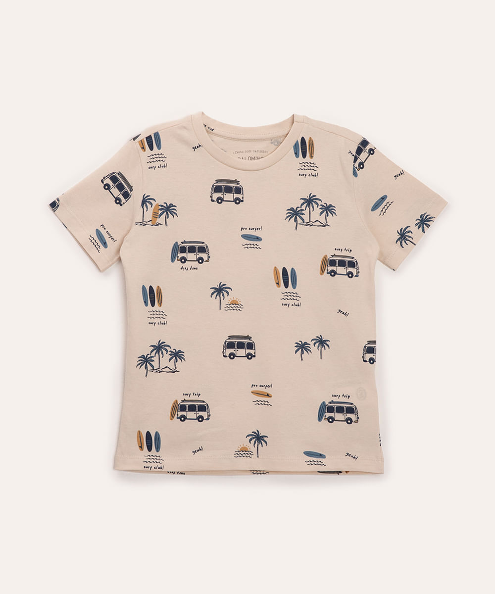 camiseta infantil de algodão kombi manga curta bege