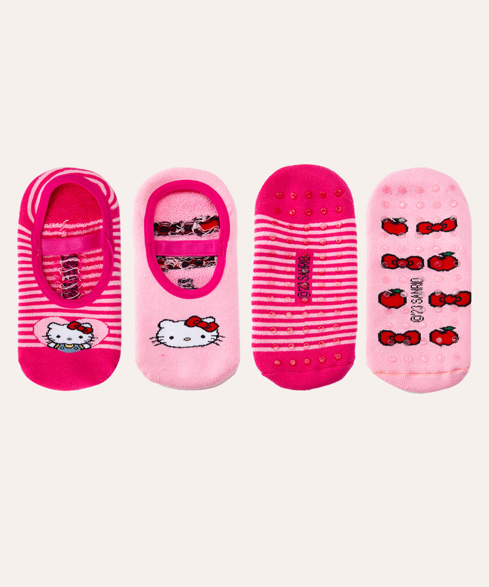 kit de 2 meias sapatilha hello kitty antiderrapante rosa médio