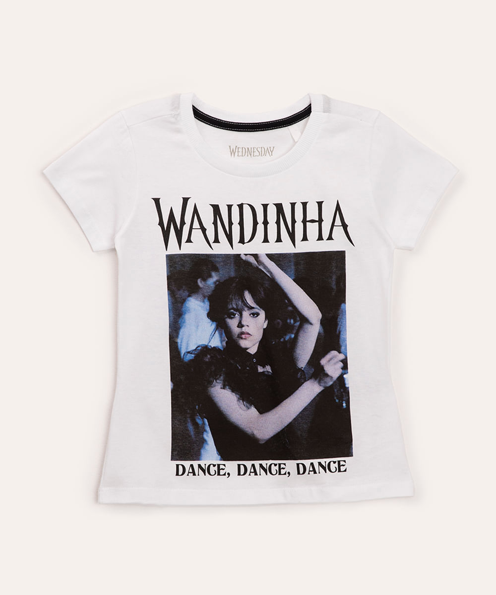 camiseta infantil de algodão wandinha manga curta off white