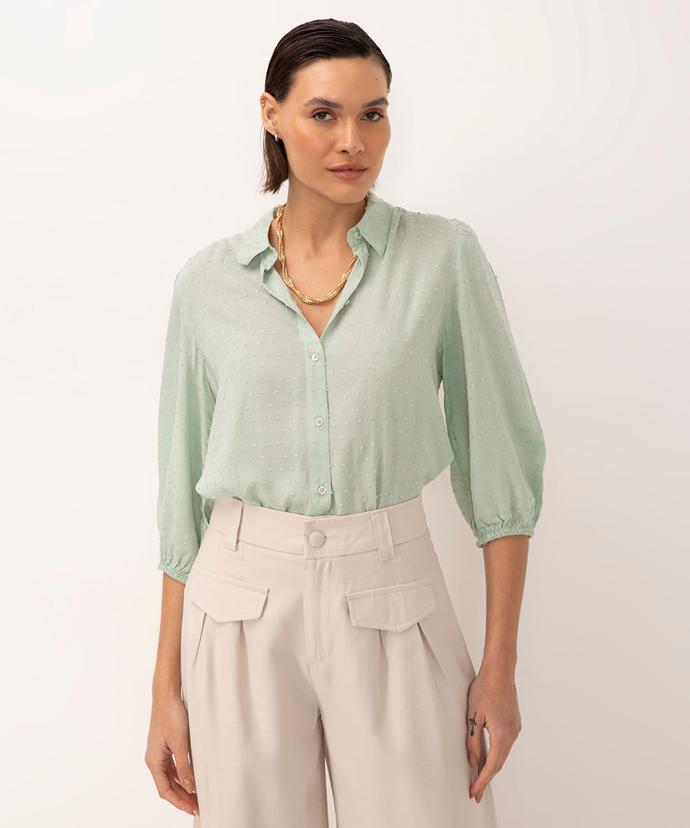 camisa de viscose texturizada manga bufante verde aqua