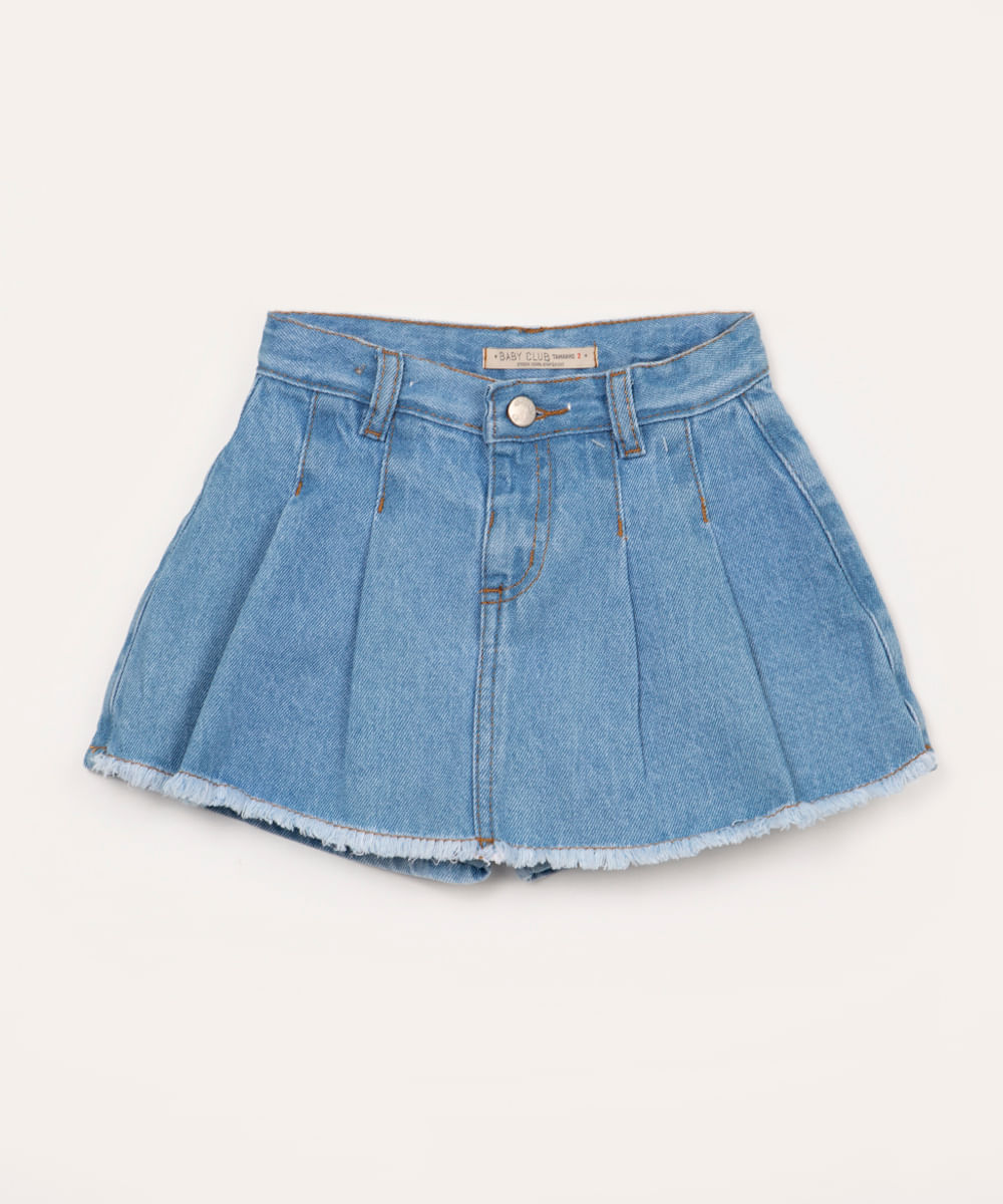 short saia jeans infantil com pregas azul médio