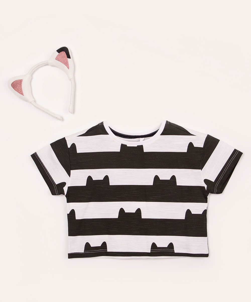 camiseta infantil de algodão gabby gato com tiara de orelhinhas preto