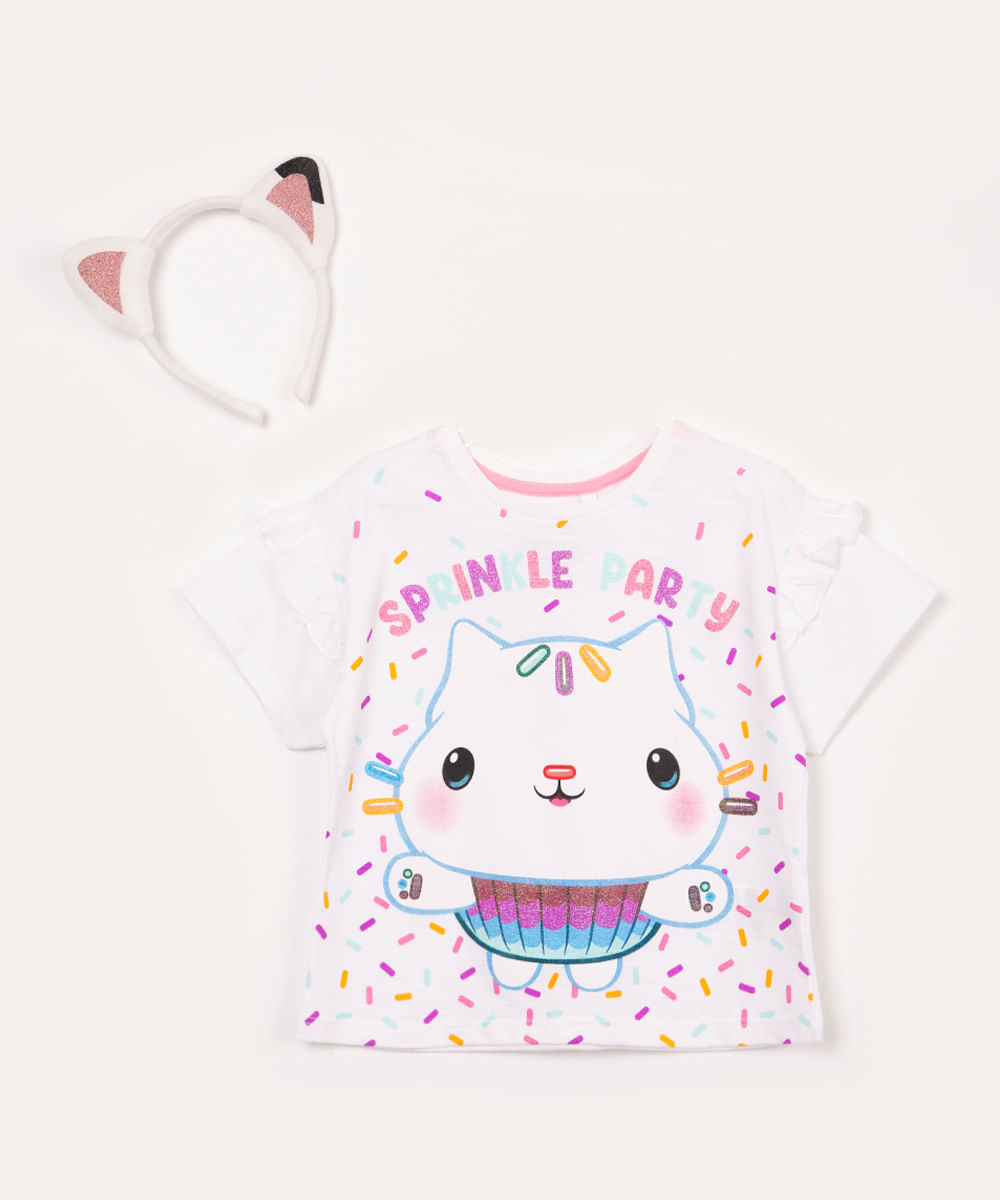 camiseta infantil de algodão gabby party com tiara de orelhinhas off white