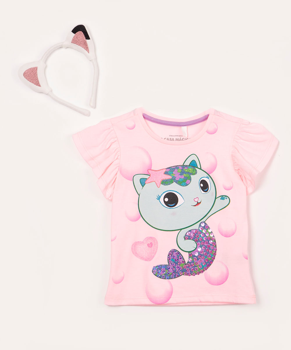 camiseta infantil gabby sereia com tiara de orelhinhas rosa fluor