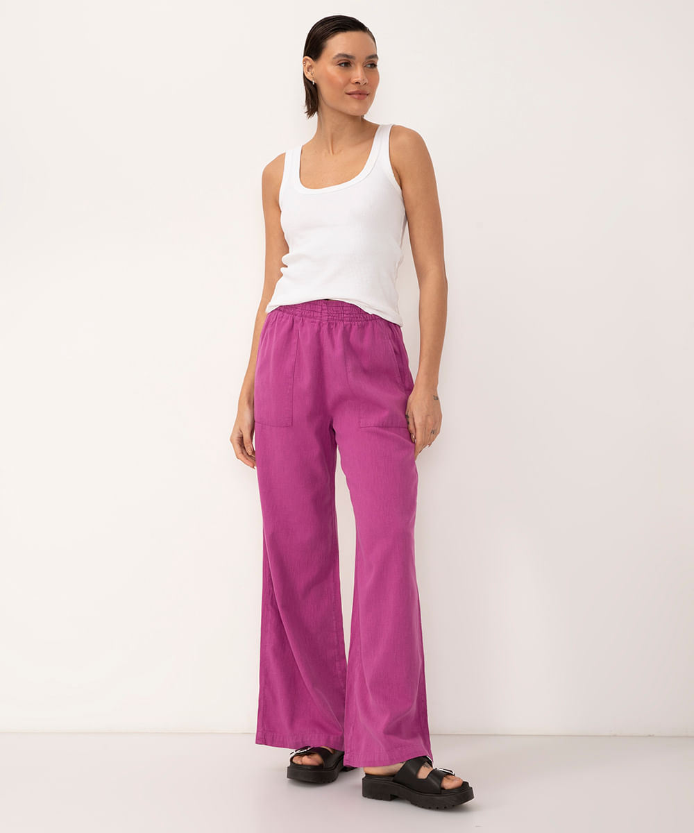 calça wide leg cintura alta rosa escuro