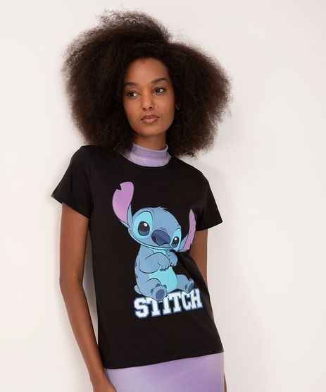 Disney Camiseta feminina Lilo & Stitch com desenho colorido com texto,  Preto, G