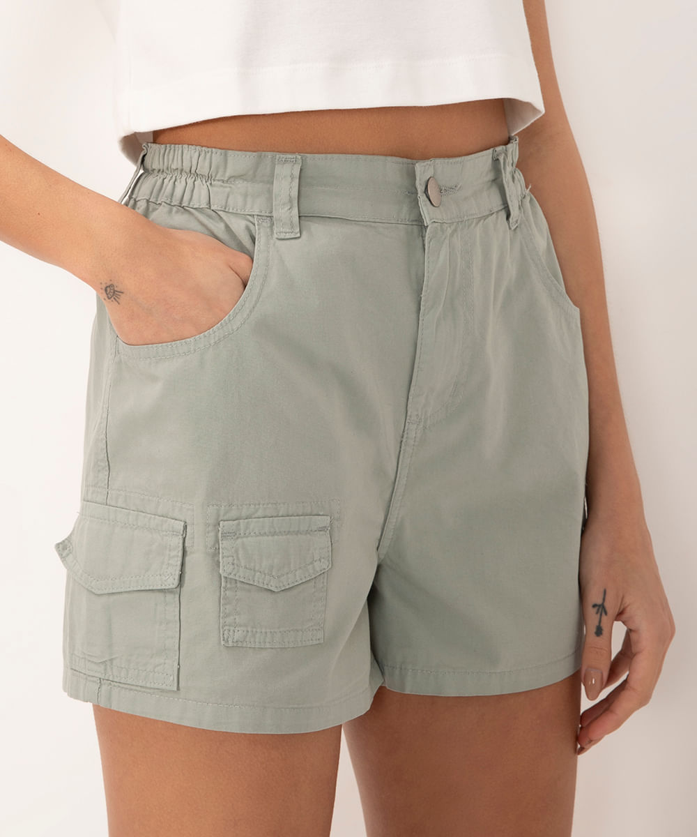 short de sarja cargo cintura super alta verde