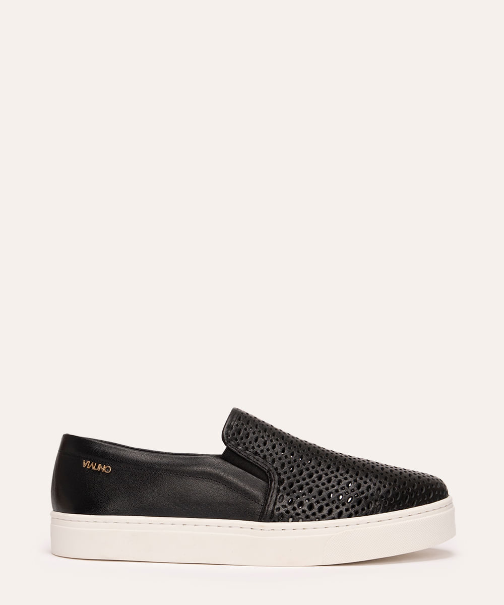 tênis slip on de couro com recortes via uno preto