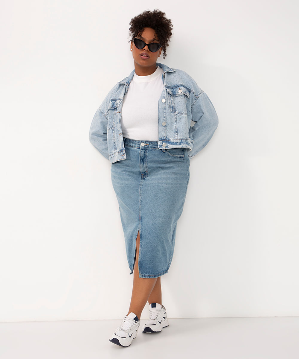saia jeans midi plus size cintura alta azul médio