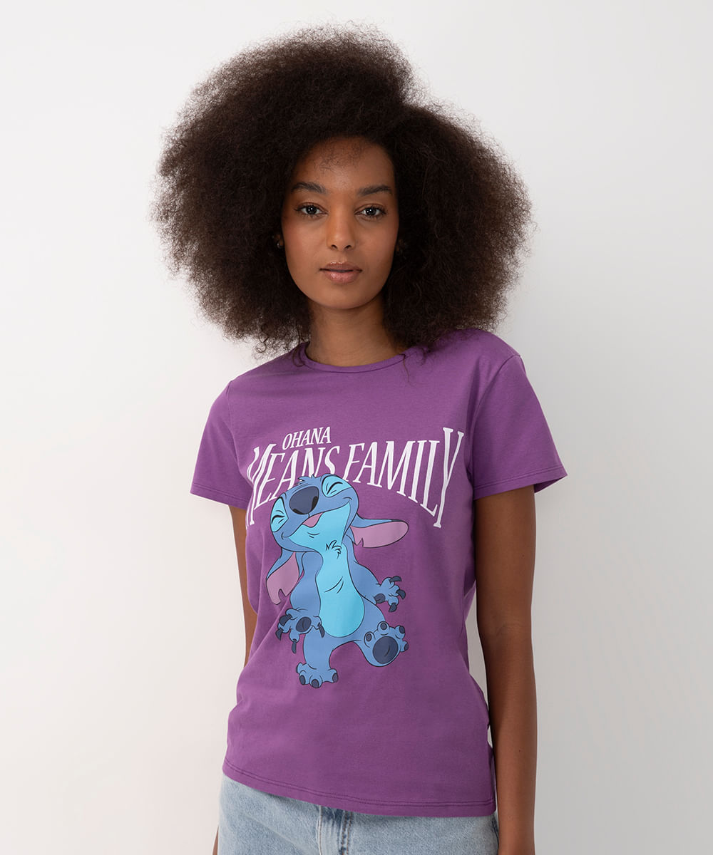 camiseta de algodão stitch manga curta roxo