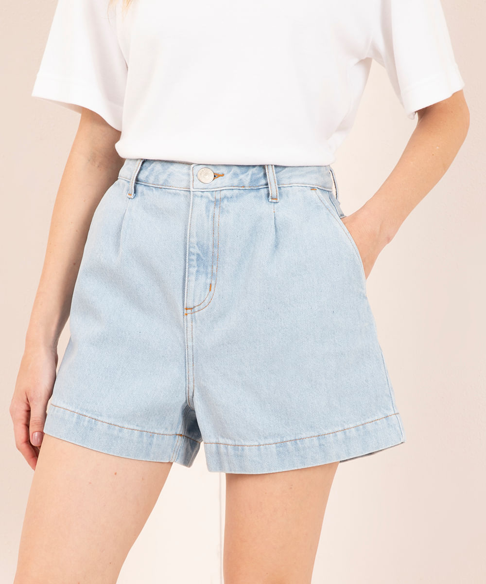 short jeans com prega cintura alta mindset azul claro