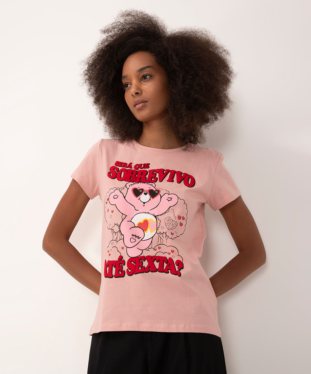 camiseta de algodão ursinhos carinhosos manga curta rosa claro