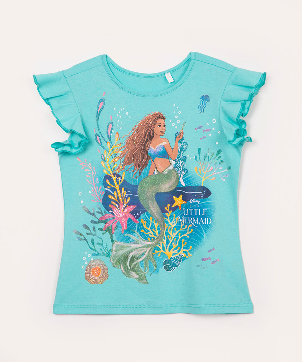 blusa de algodão infantil pequena sereia com babado azul