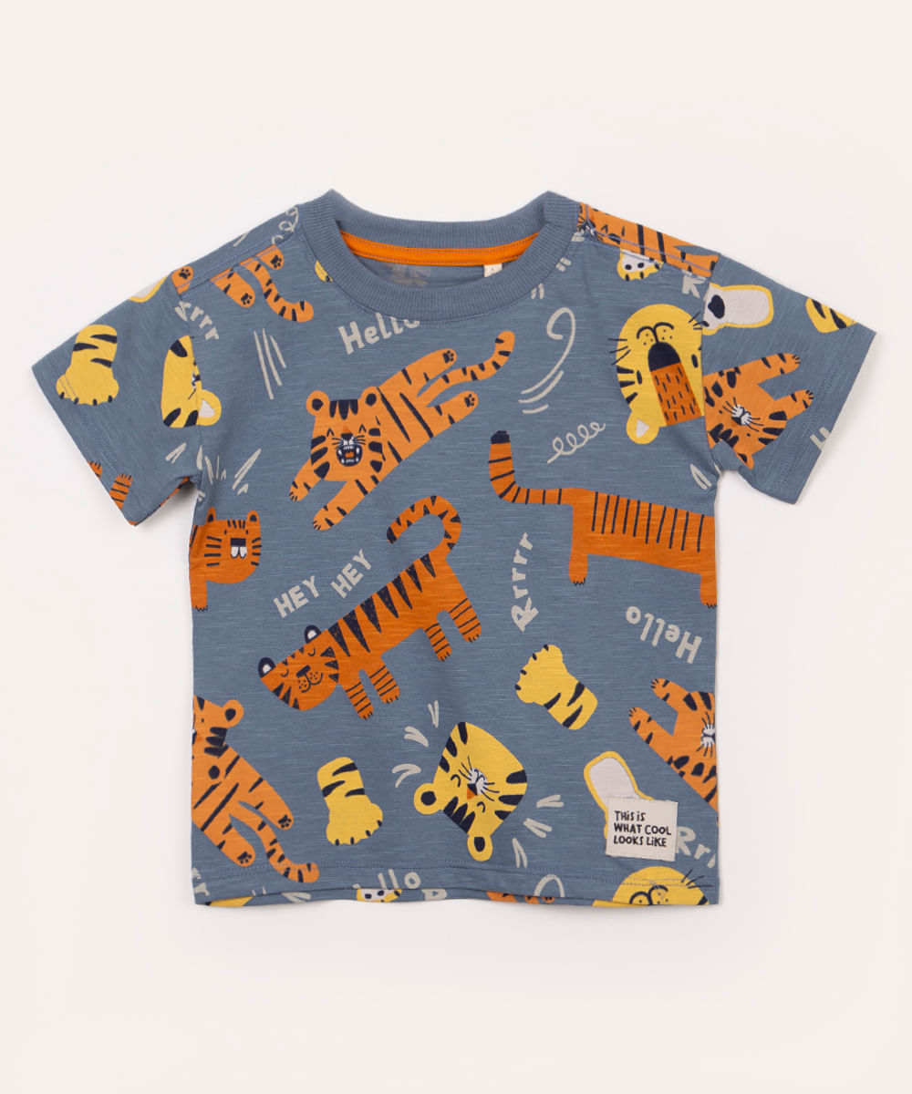 camiseta de algodão infantil tigres manga curta azul escuro