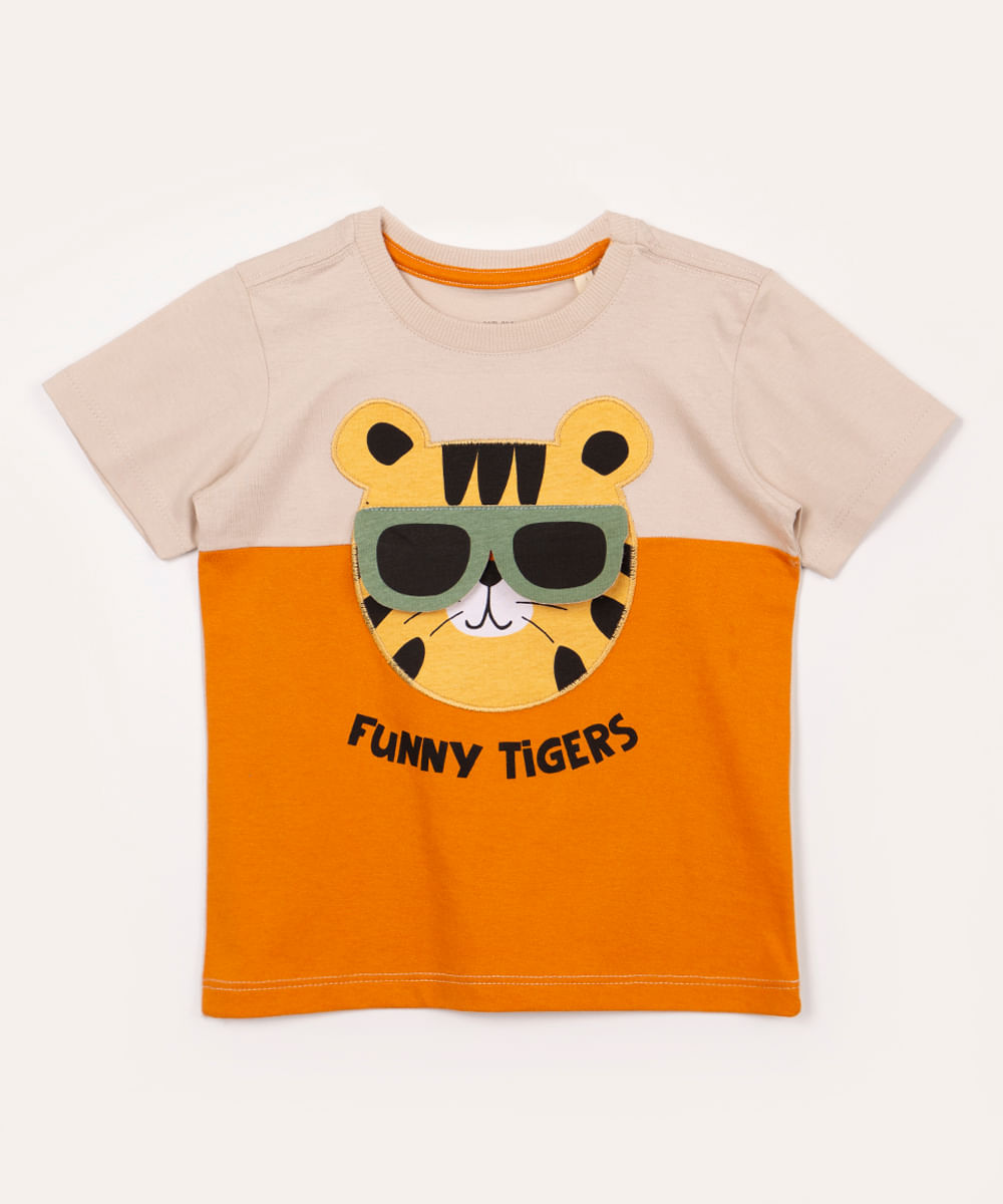 camiseta de algodão infantil tigre manga curta bege médio