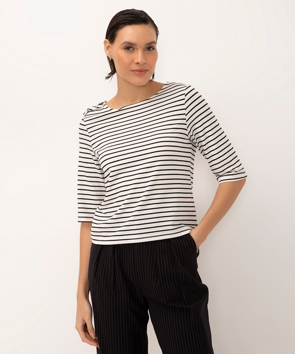 blusa de viscose listrada manga curta botões off white