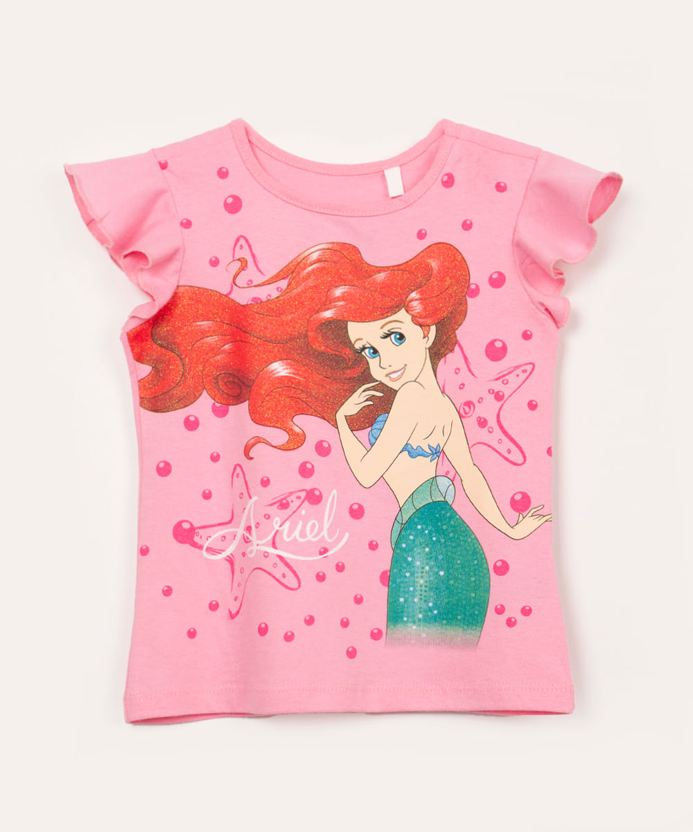 blusa de algodão infantil ariel manga curta com babado rosa claro