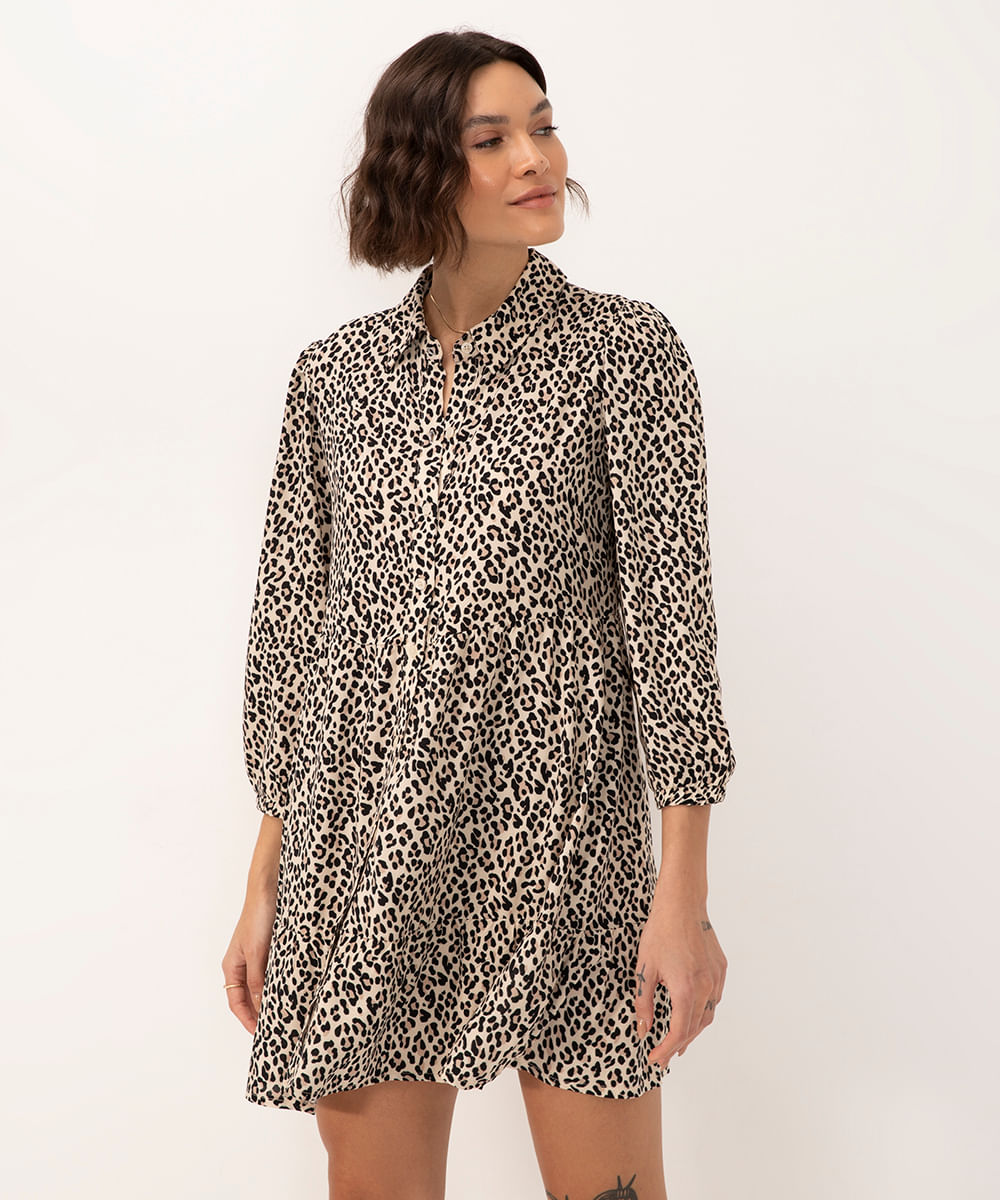 vestido chemise de viscose curto animal print bege