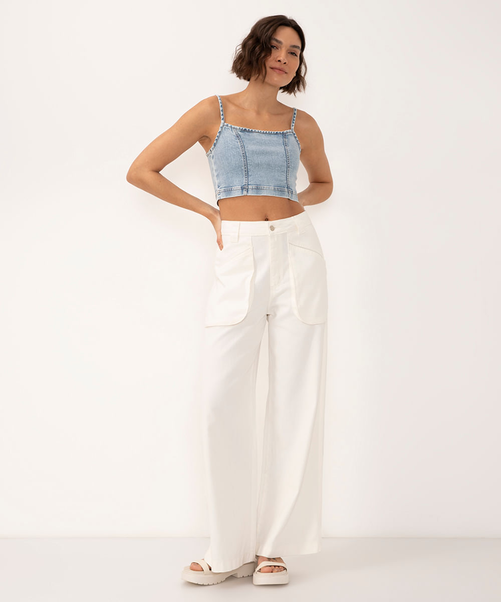 calça de sarja wide leg cintura média off white