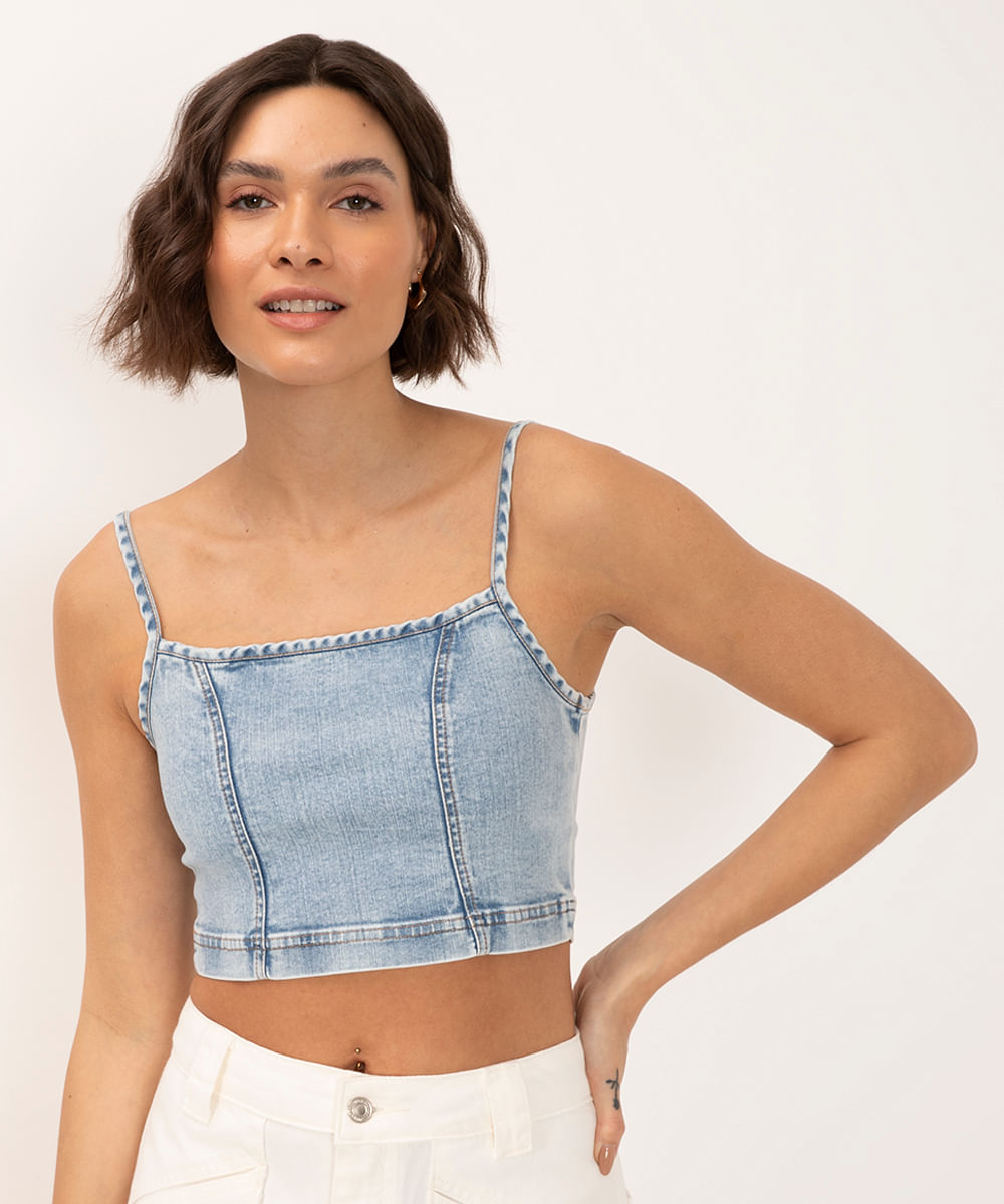 cropped jeans alça fina azul claro