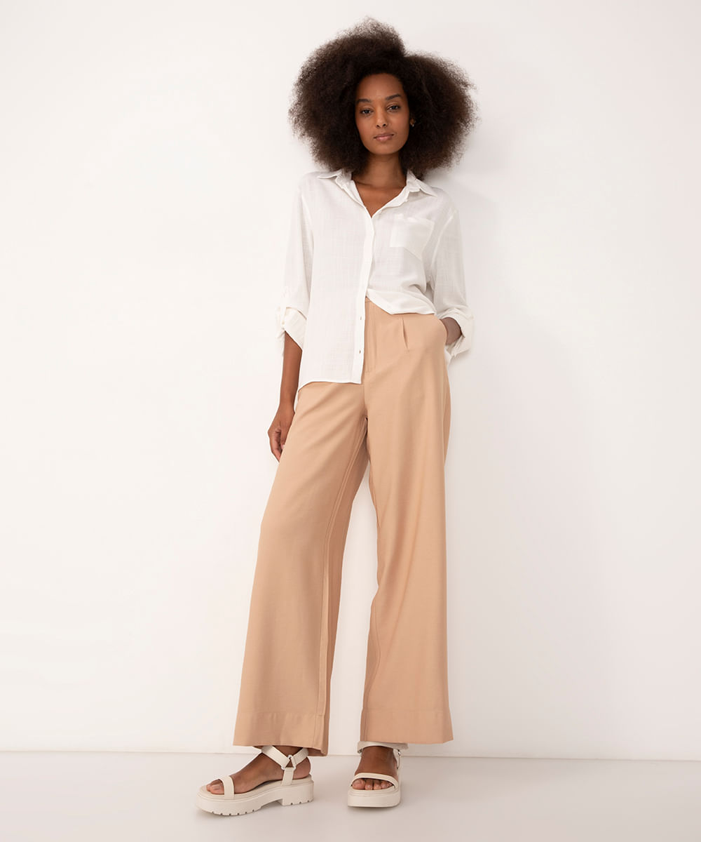 calça wide leg de viscose cintura alta com elástico areia