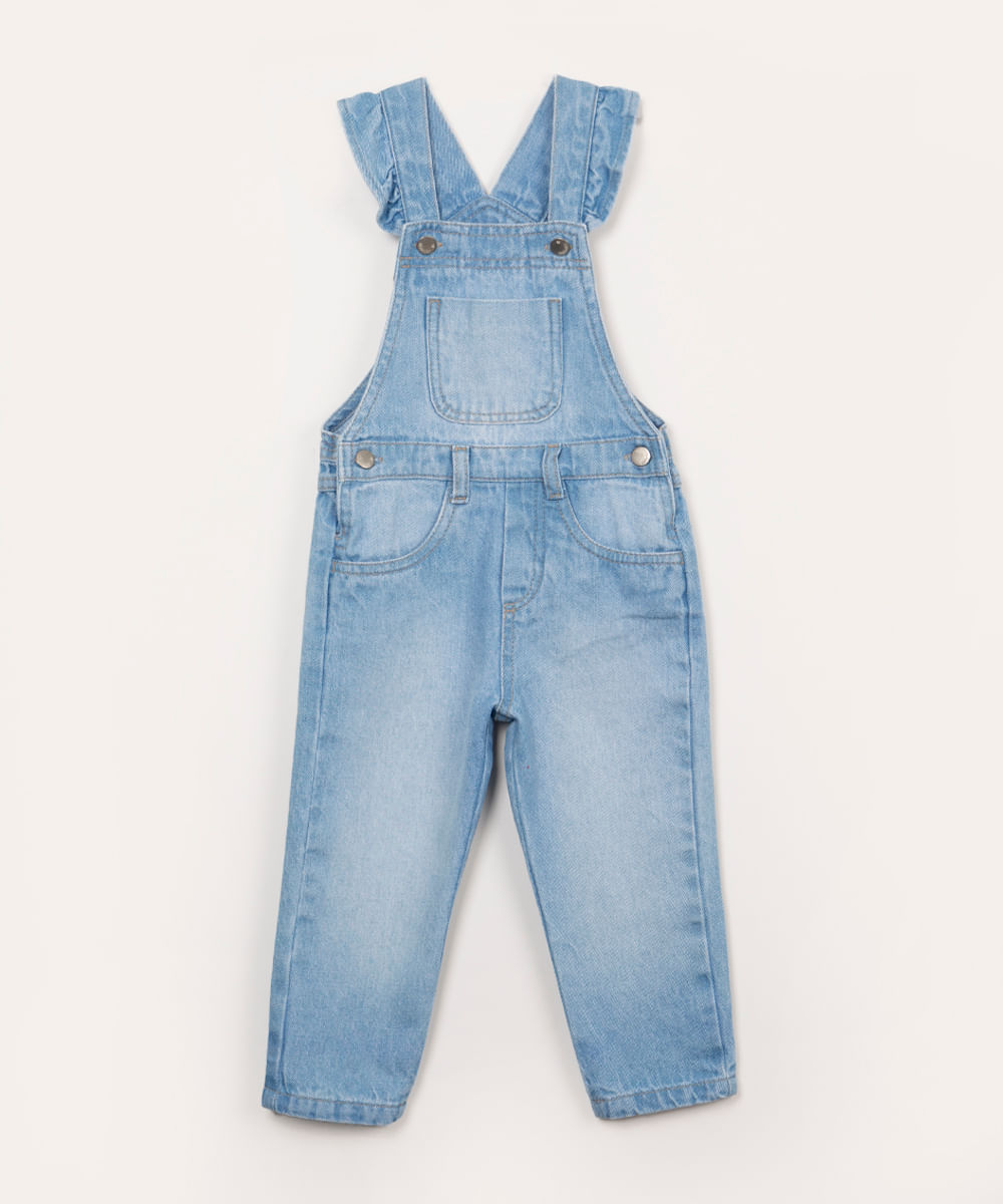 jardineira jeans infantil com bolsos azul claro