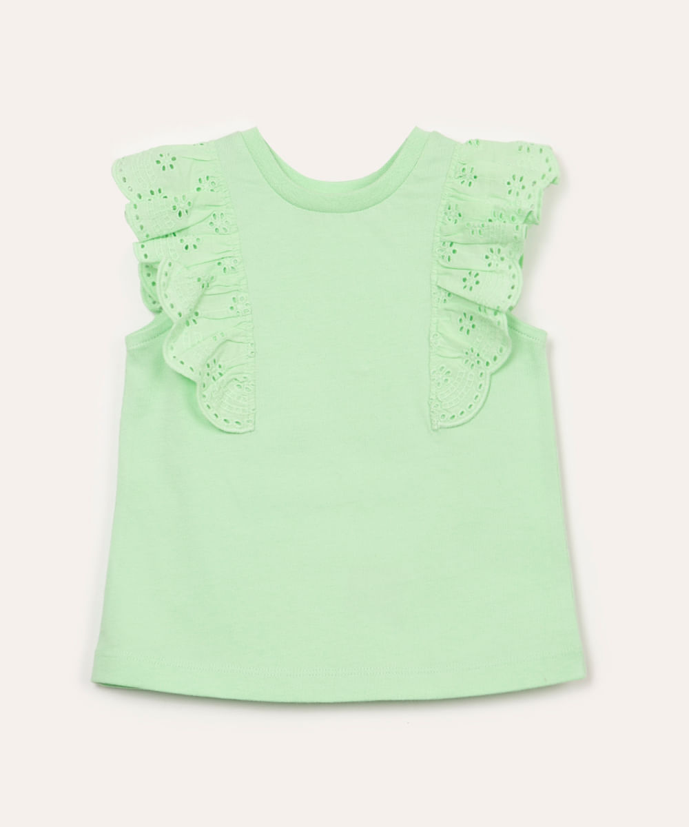 blusa de algodão infantil com babado em laise verde claro