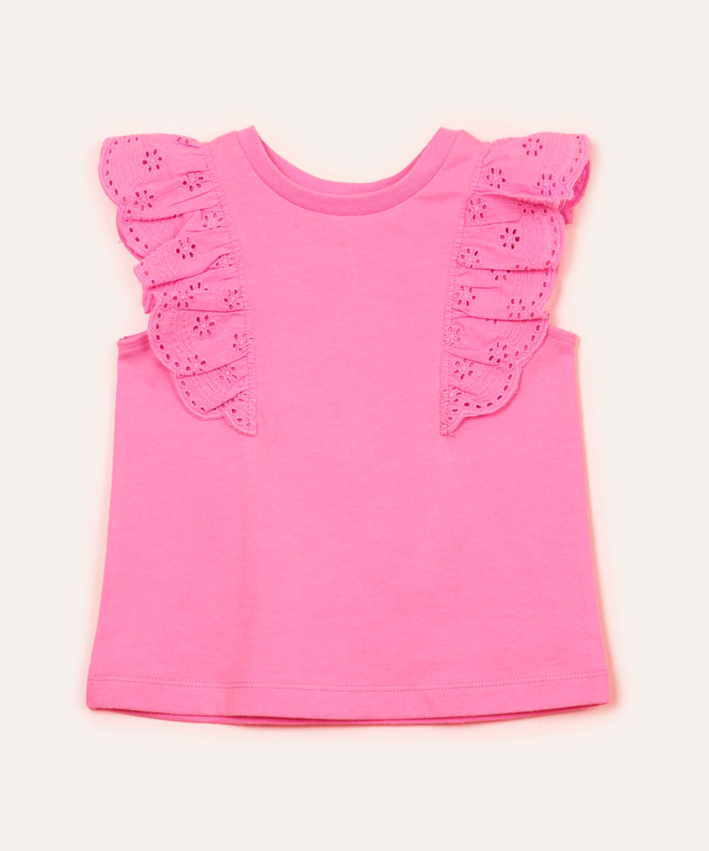 blusa de algodão infantil com babado em laise rosa