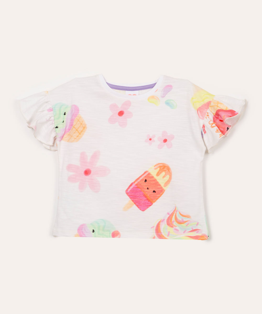 camiseta de algodão infantil flamê doces com babado off white