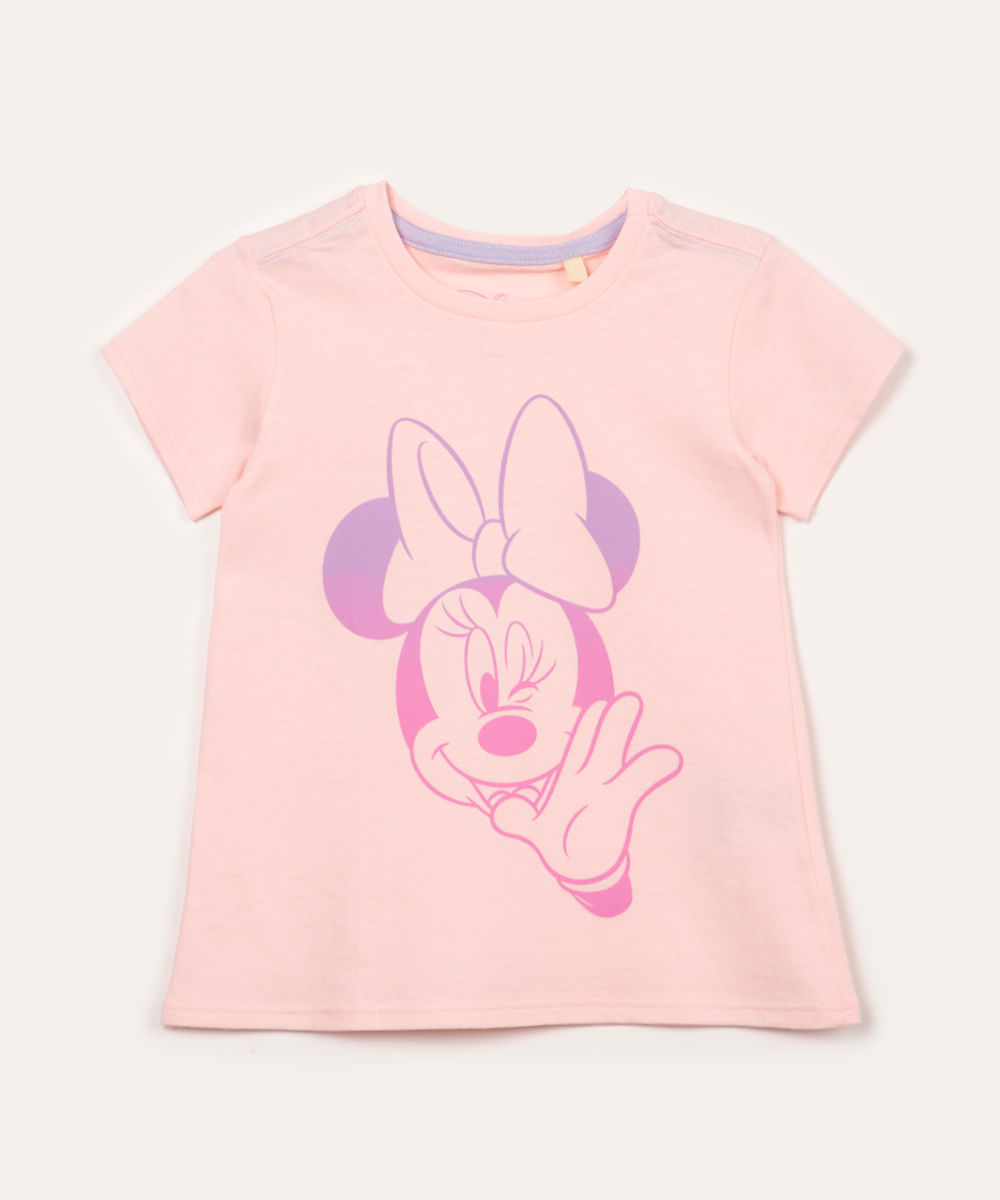 camiseta de algodão infantil minnie manga curta rosa claro