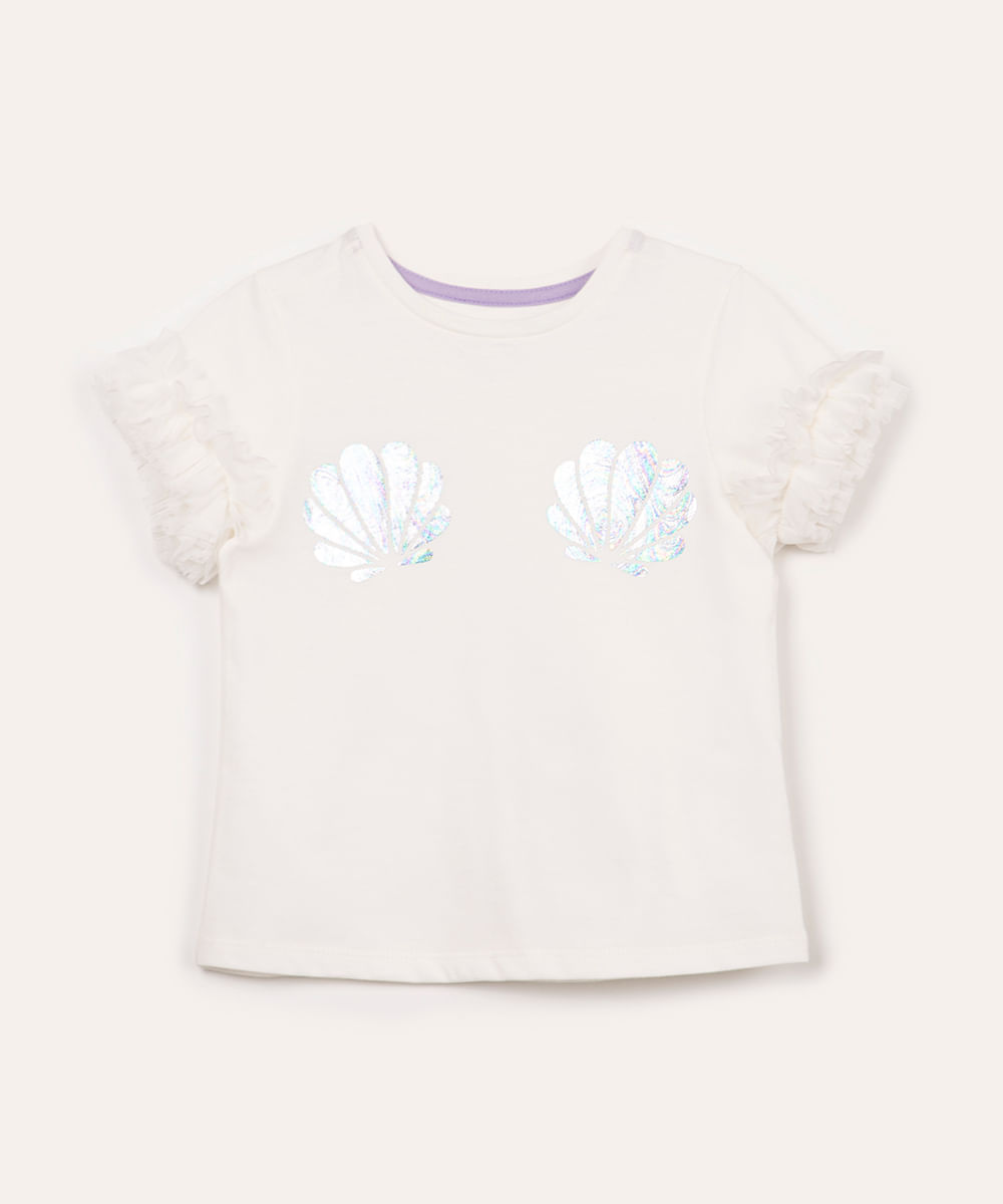 blusa de algodão infantil conchas com babado manga curta off white