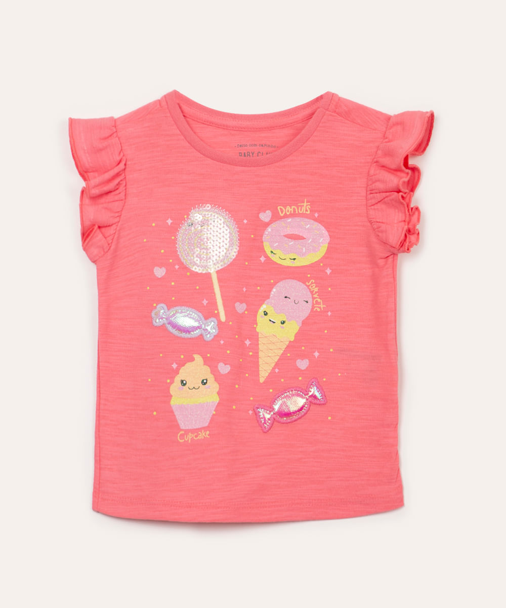 blusa de algodão infantil flamê doces com babado rosa chiclete