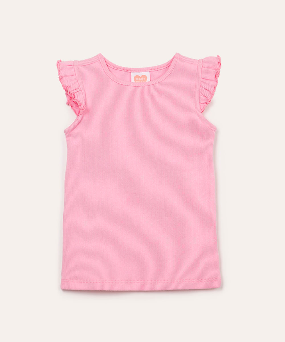 blusa de algodão infantil canelada fru fru rosa