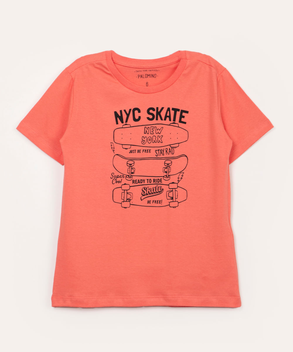 camiseta infantil de algodão nyc skate manga curta coral