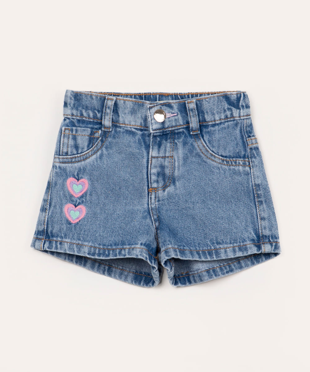 short jeans infantil reto bordado coração azul médio