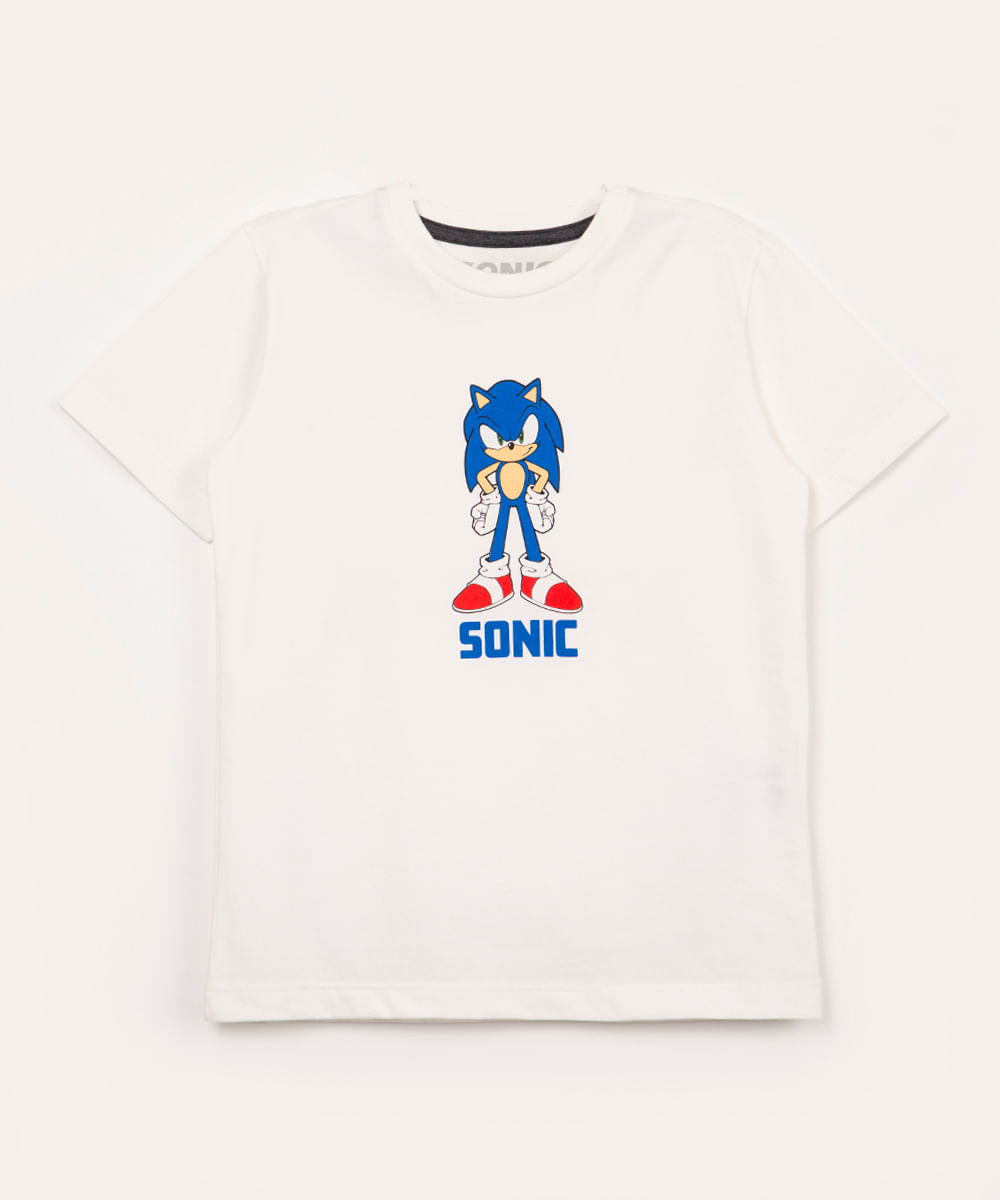 camiseta infantil de algodão sonic manga curta off white