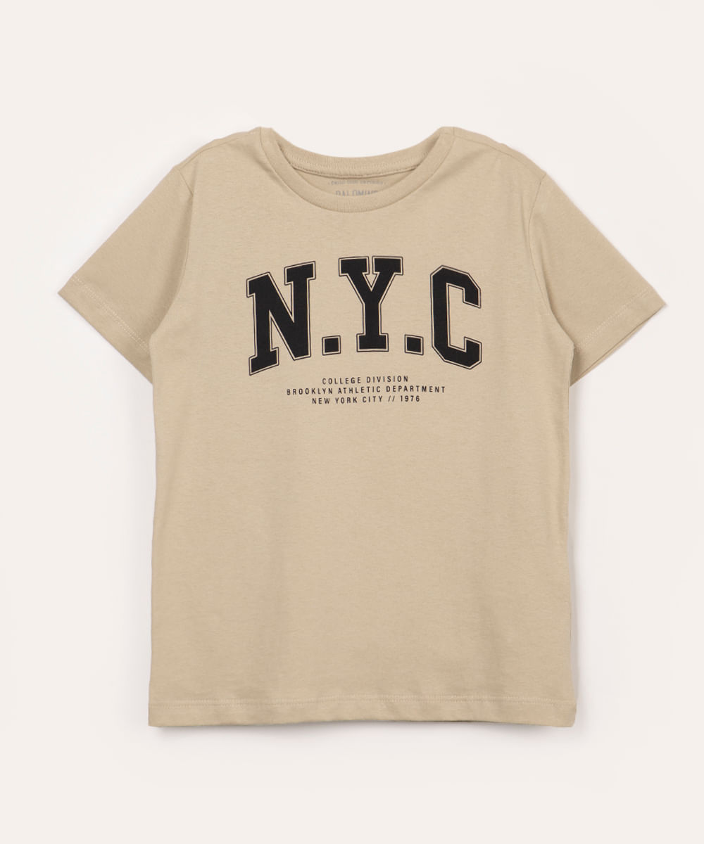 camiseta infantil de algodão nyc manga curta bege