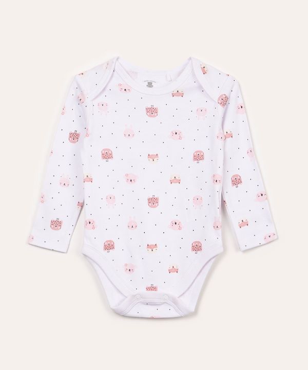 body infantil de algodão bichos manga longa off white 0-3