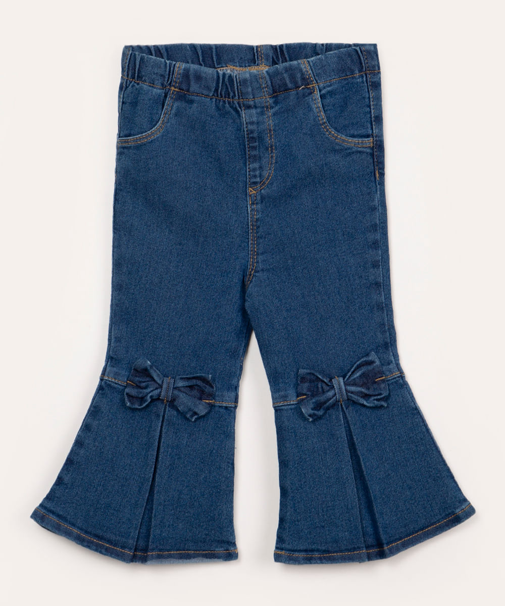 calça jeans flare infantil com laço azul escuro