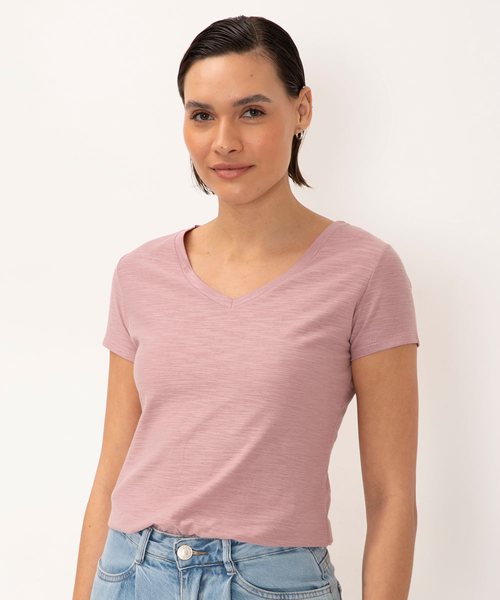 blusa feminina básica flamê decote v manga curta rosê claro