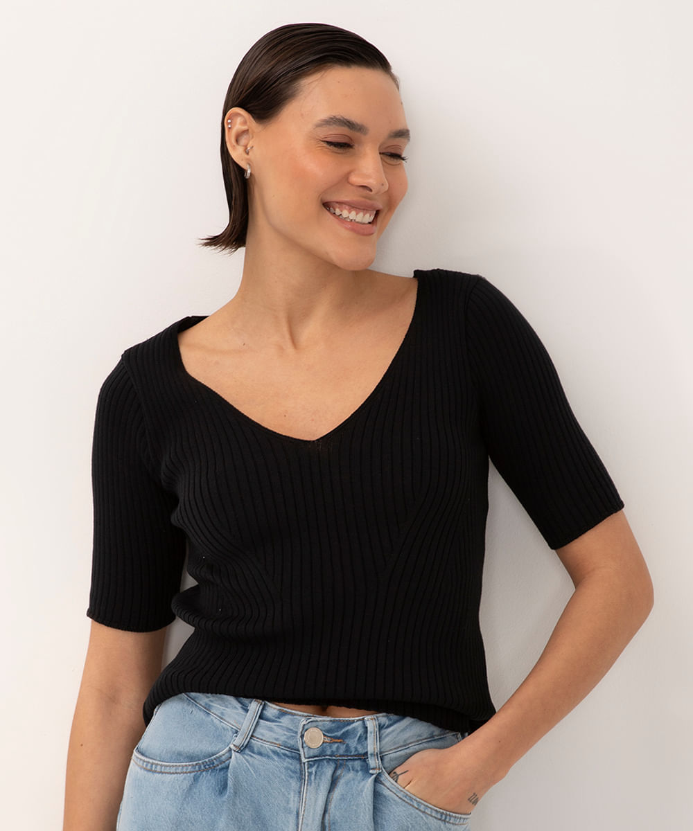 blusa de tricot manga curta decote v preto