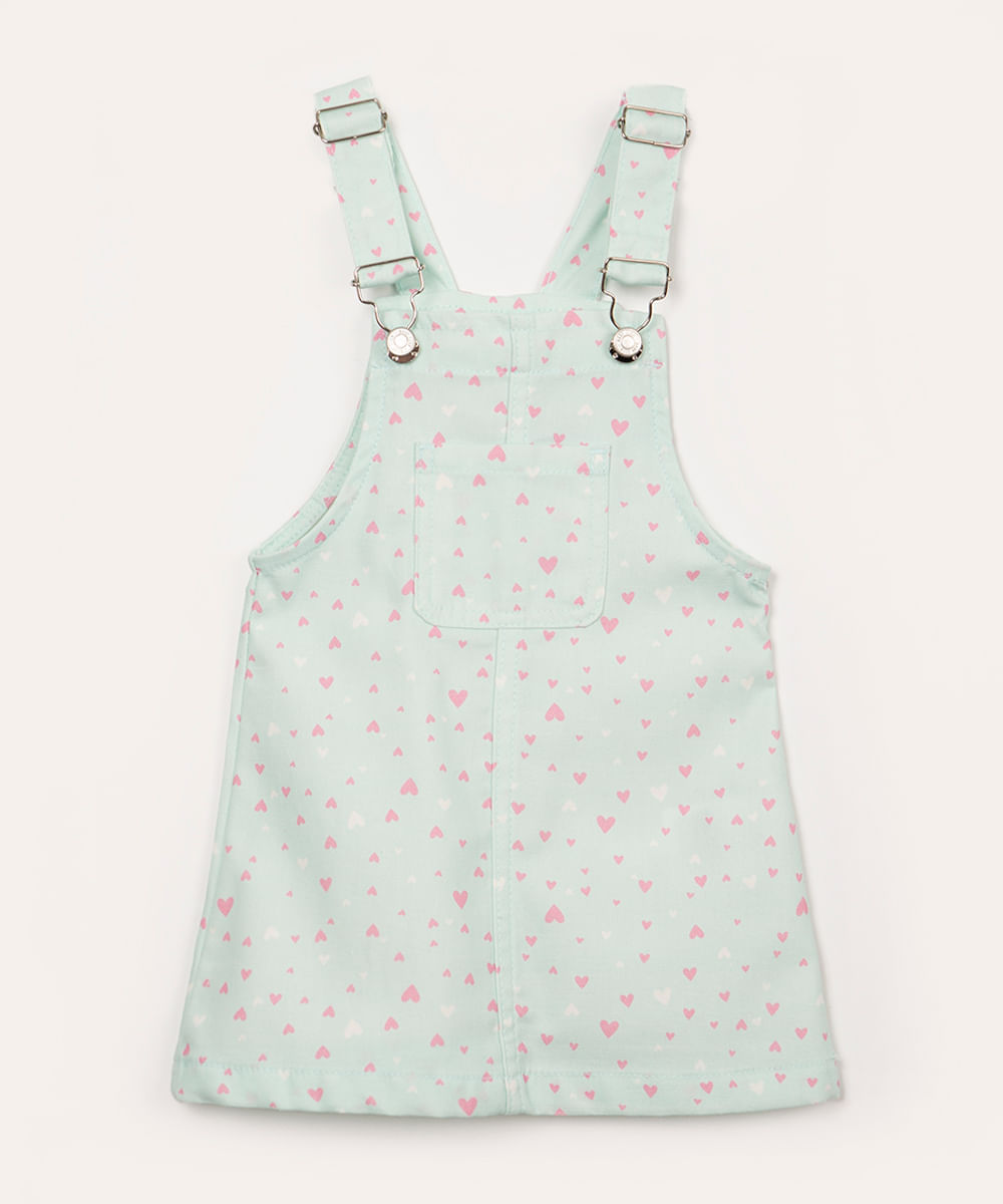 salopete de sarja infantil floral coração com bolso verde