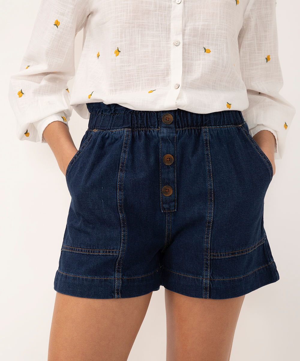 short jeans clochard cintura super alta com botões azul médio