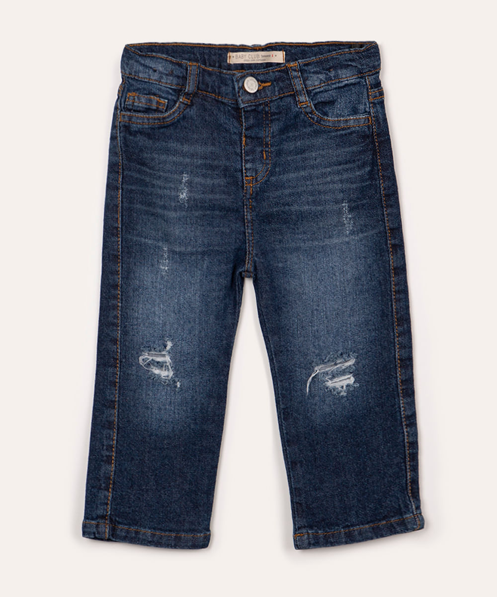 calça jeans infantil destroyed com bolsos azul escuro